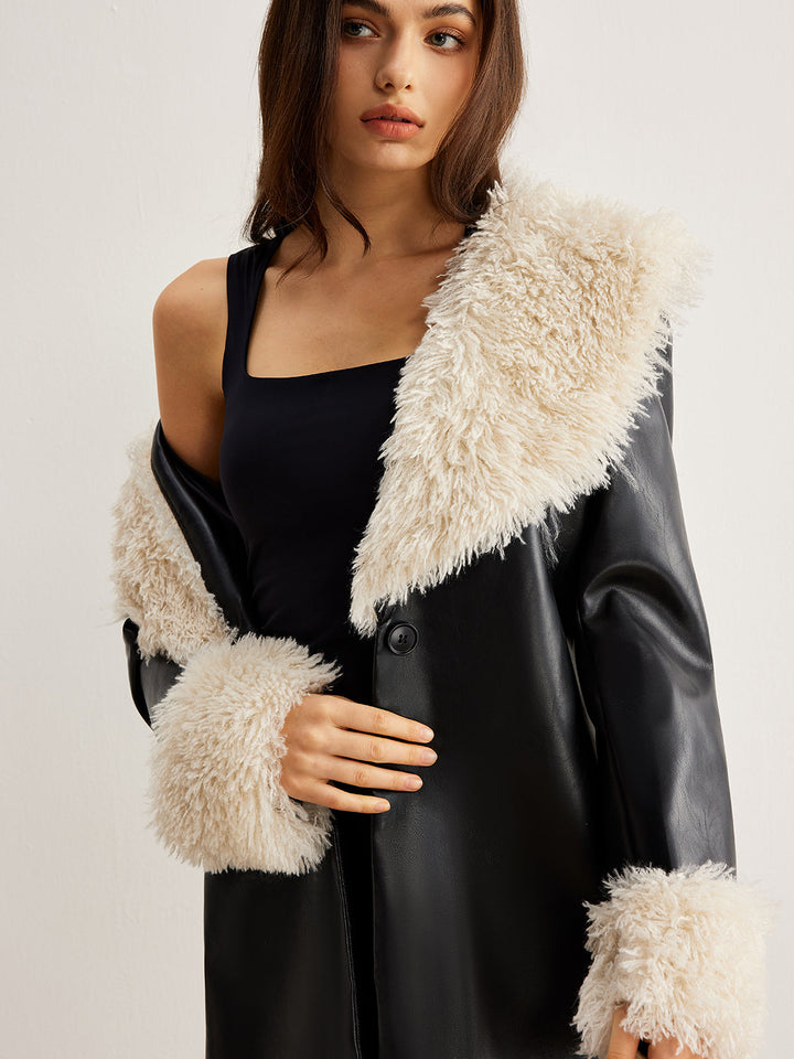 Manteau Ceinturé en Similicuir | Détails Fausse Fourrure | Élégance Glamour