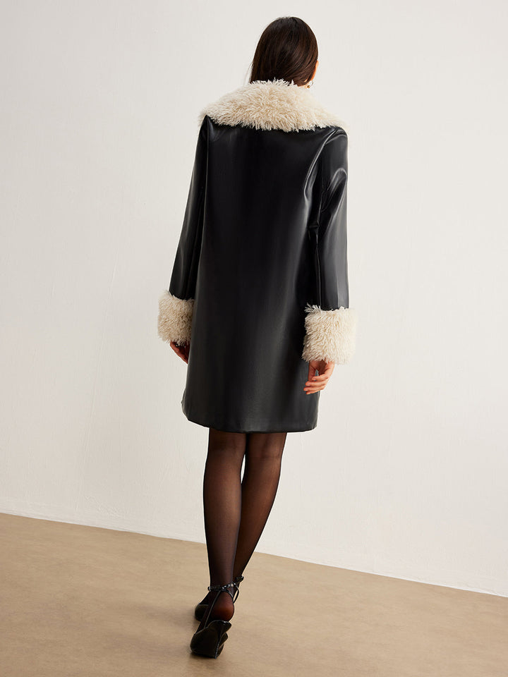 Manteau Ceinturé en Similicuir | Détails Fausse Fourrure | Élégance Glamour
