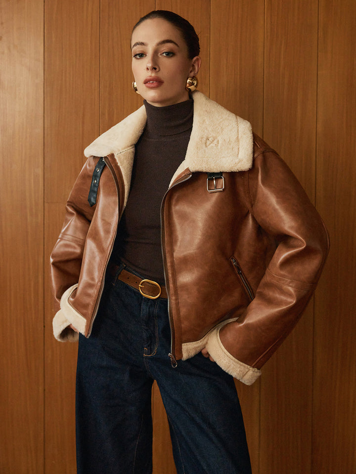 Veste Aviateur Marron | Similicuir et Fausse Fourrure | Style Intemporel
