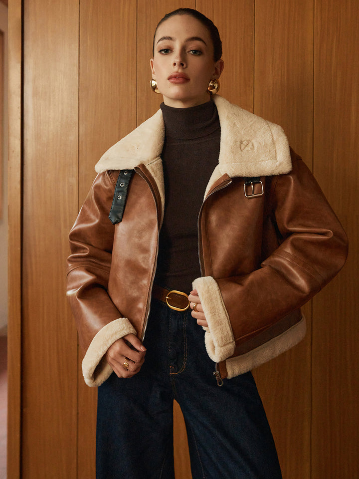 Veste Aviateur Marron | Similicuir et Fausse Fourrure | Style Intemporel