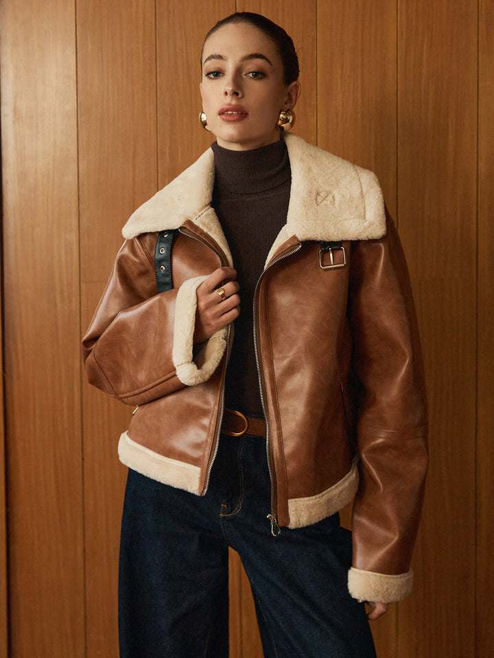 Veste Aviateur Marron | Similicuir et Fausse Fourrure | Style Intemporel