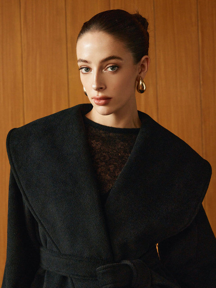 Veste Ceinturée Noire | Col Large | Élégance Intemporelle