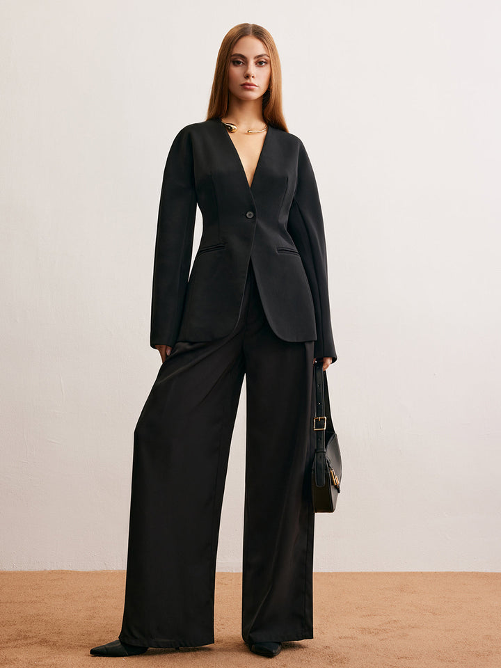 Blazer Noir Ajusté | Col Plongeant | Élégance Minimaliste