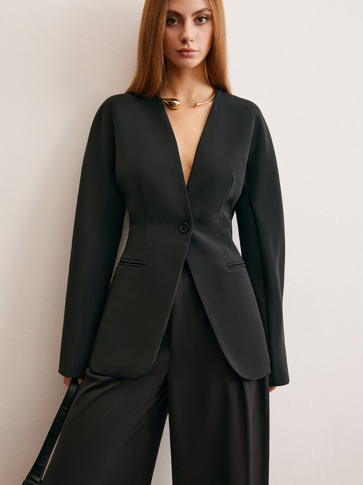 Blazer Noir Ajusté | Col Plongeant | Élégance Minimaliste