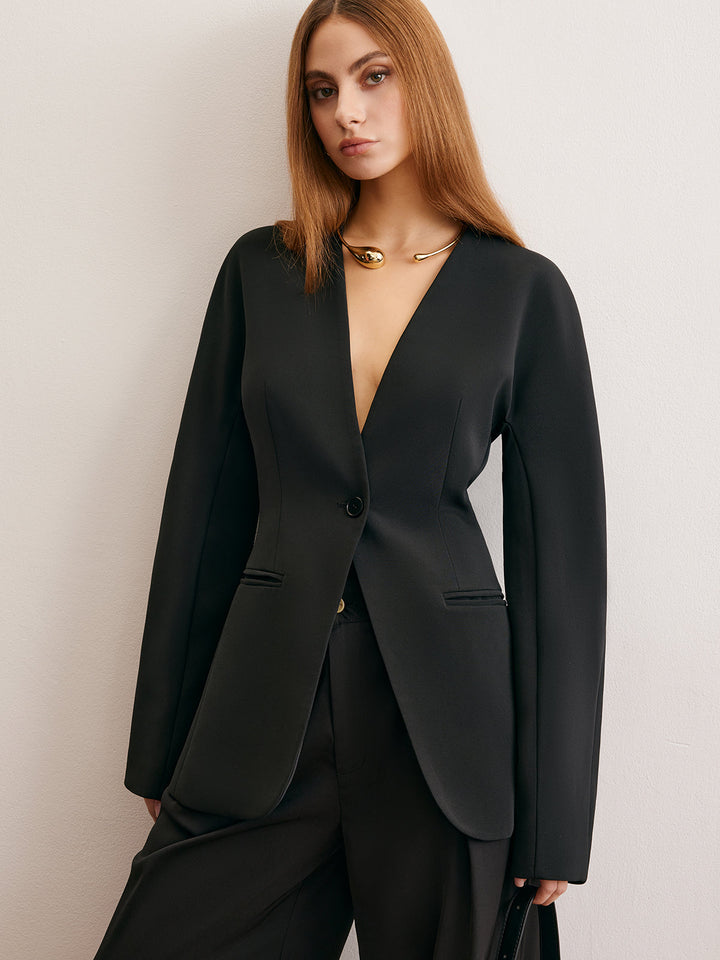 Blazer Noir Ajusté | Col Plongeant | Élégance Minimaliste
