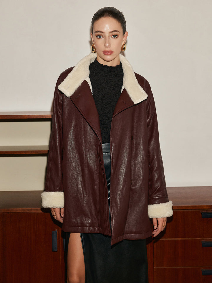 Manteau Aviateur en Similicuir | Doublure Fausse Fourrure | Ceinture Ajustable