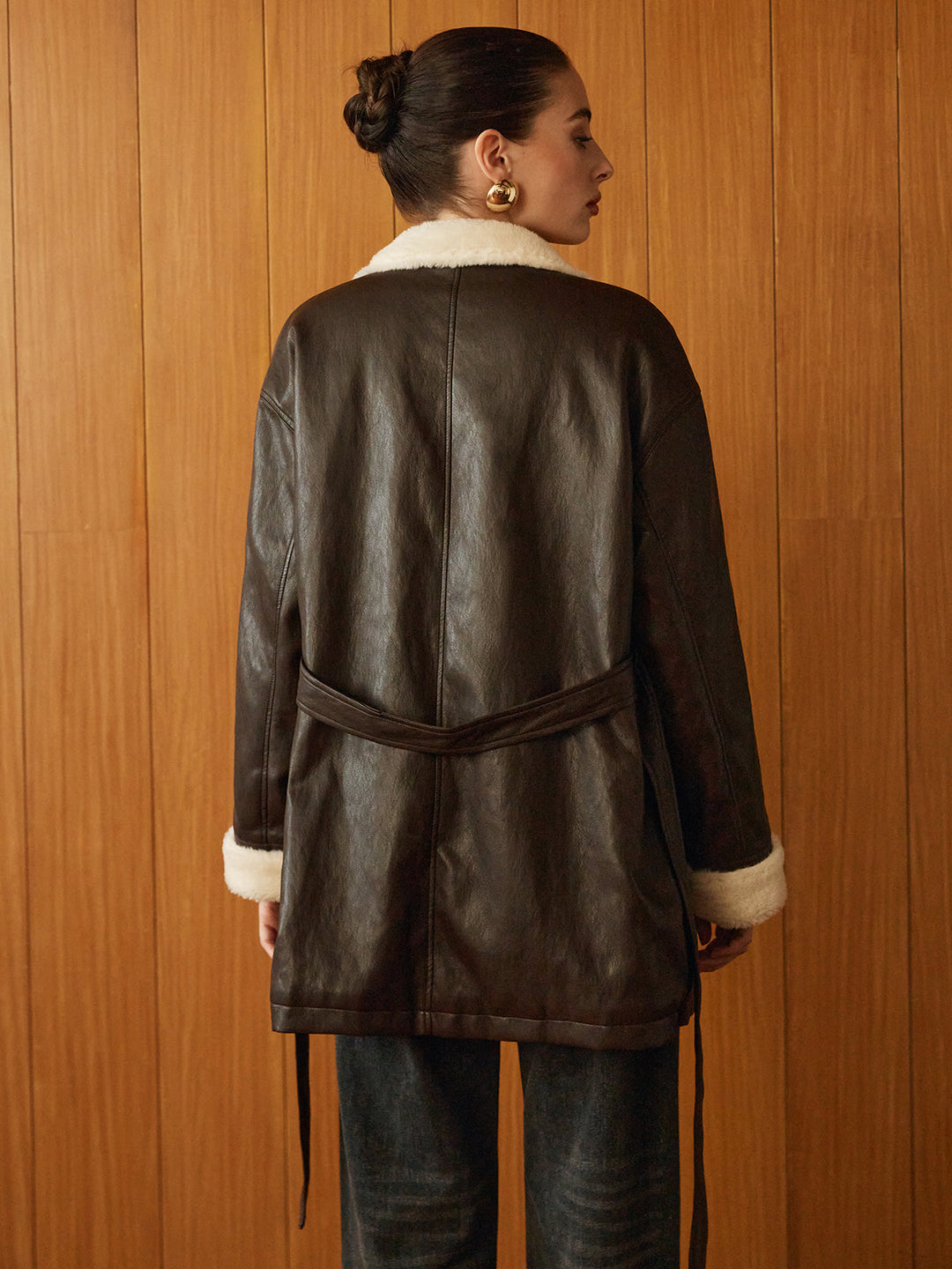 Manteau Aviateur en Similicuir | Doublure Fausse Fourrure | Ceinture Ajustable