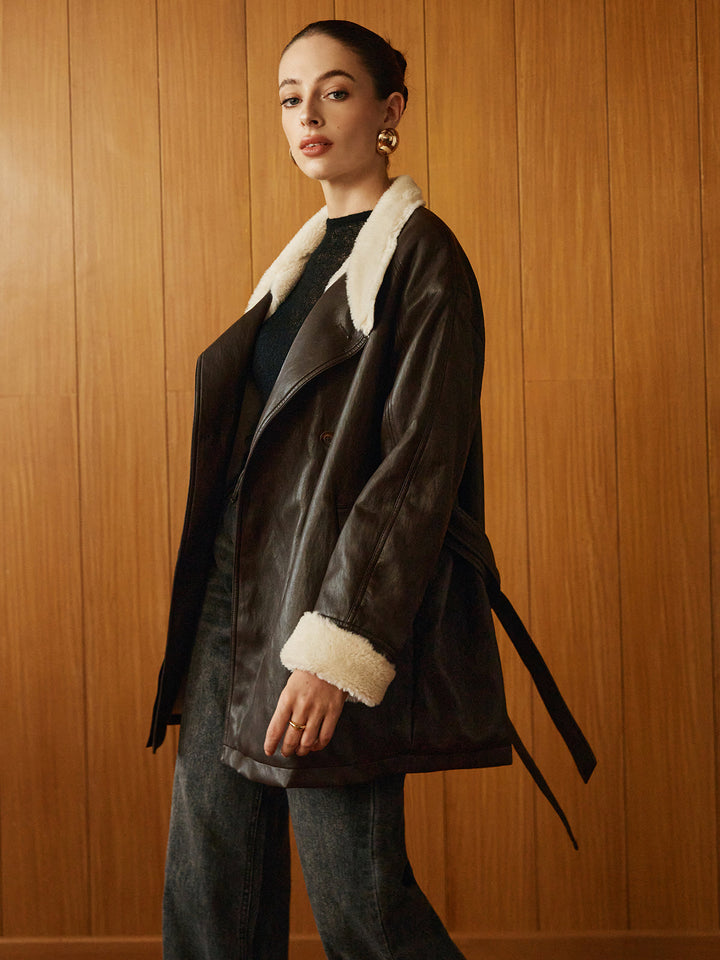 Manteau Aviateur en Similicuir | Doublure Fausse Fourrure | Ceinture Ajustable