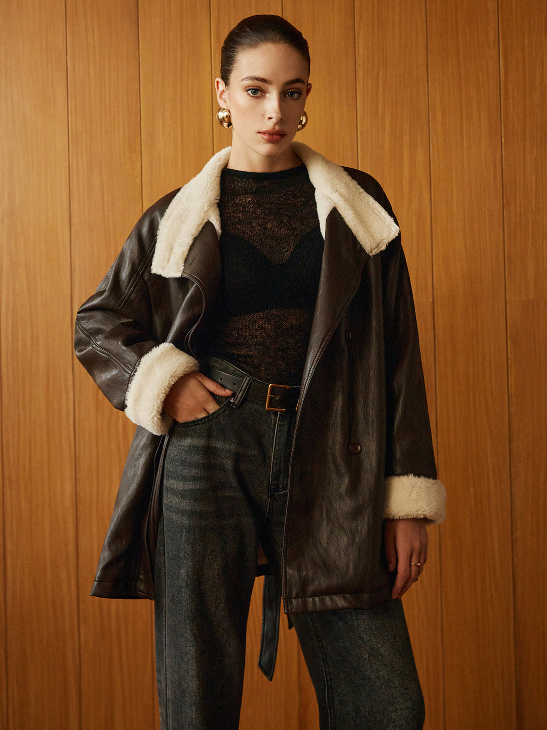 Manteau Aviateur en Similicuir | Doublure Fausse Fourrure | Ceinture Ajustable