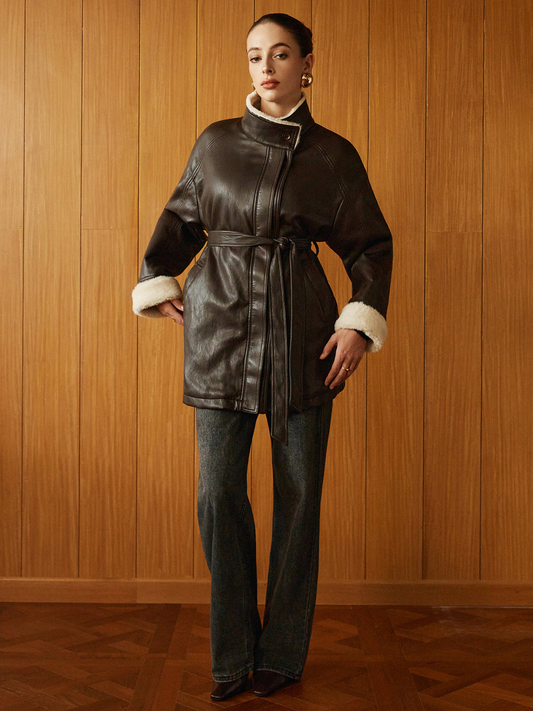 Manteau Aviateur en Similicuir | Doublure Fausse Fourrure | Ceinture Ajustable