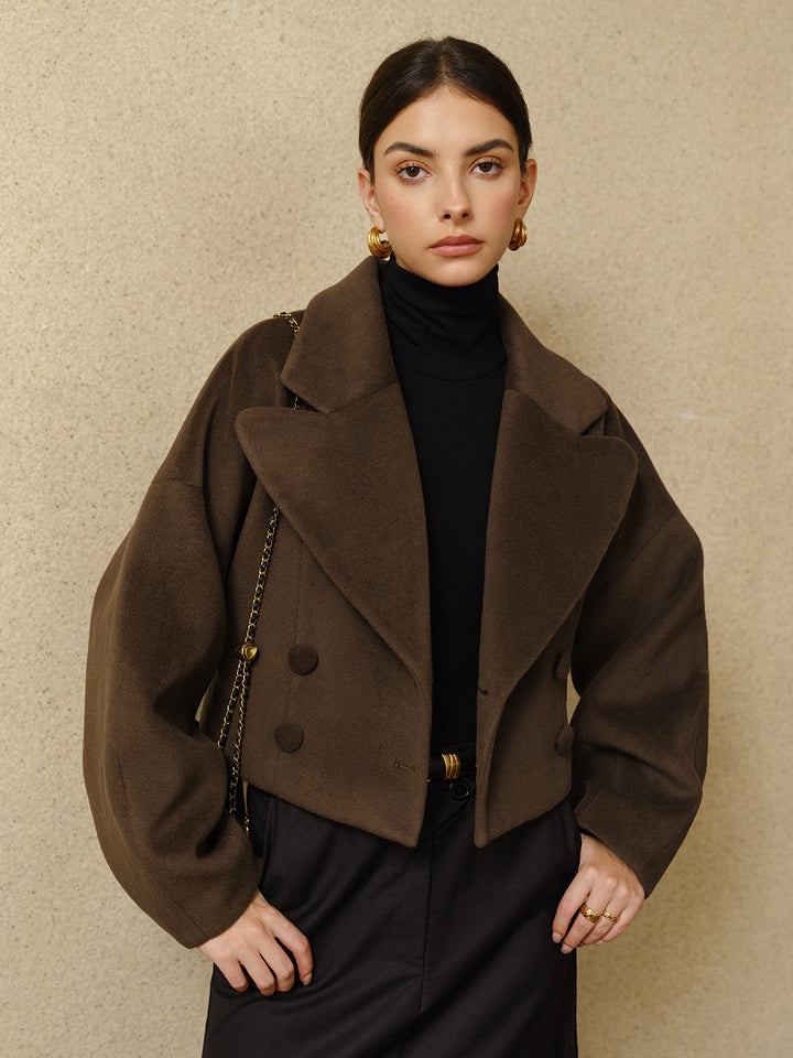 Manteau Court en Laine | Ceinture Ajustable | Brun Élégant
