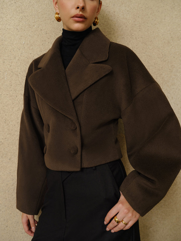 Manteau Court en Laine | Ceinture Ajustable | Brun Élégant