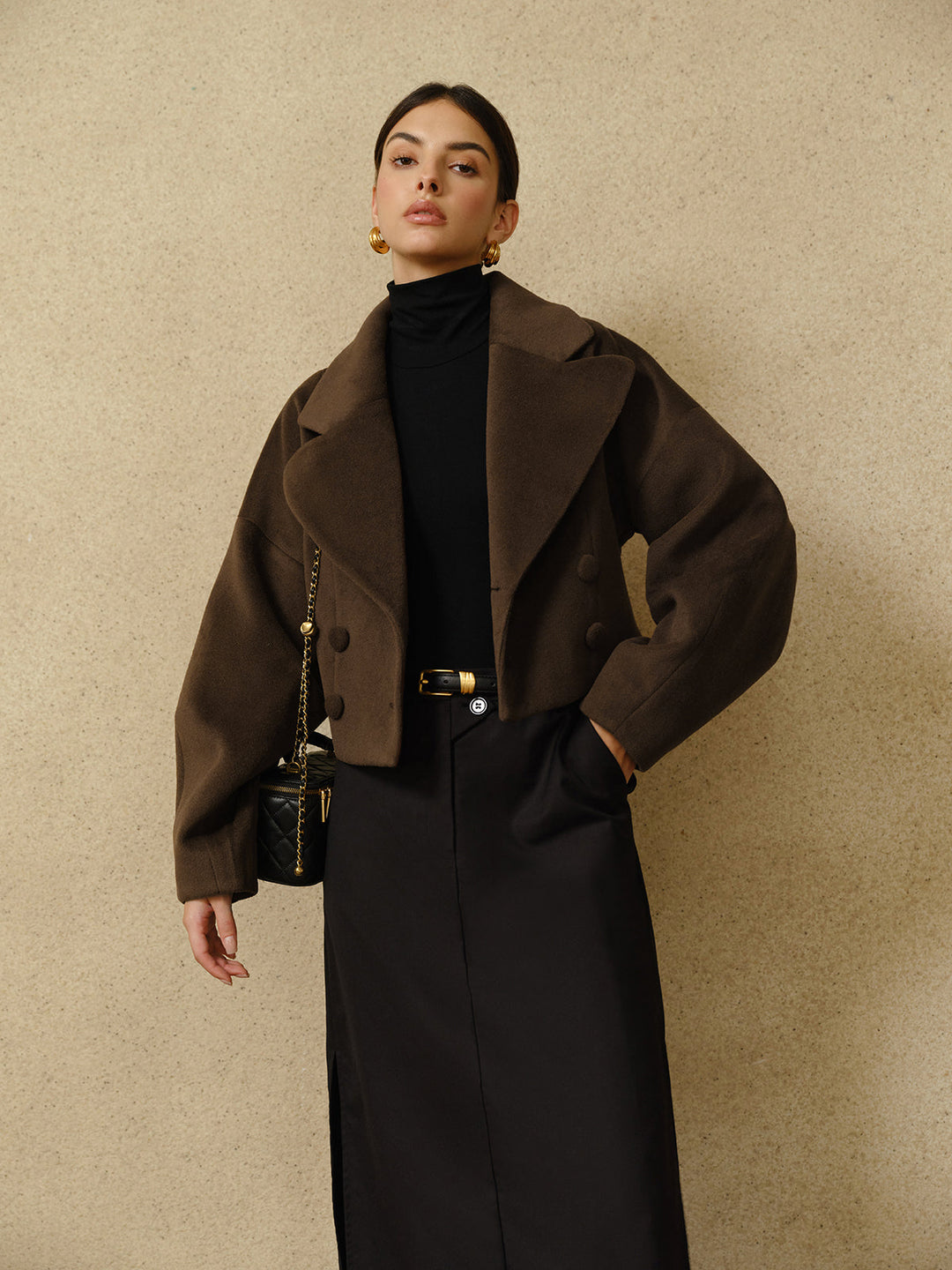 Manteau Court en Laine | Ceinture Ajustable | Brun Élégant