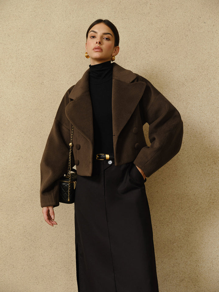 Manteau Court en Laine | Ceinture Ajustable | Brun Élégant