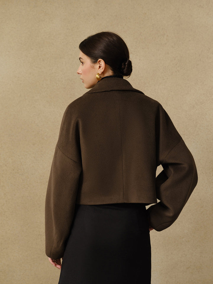 Manteau Court en Laine | Ceinture Ajustable | Brun Élégant
