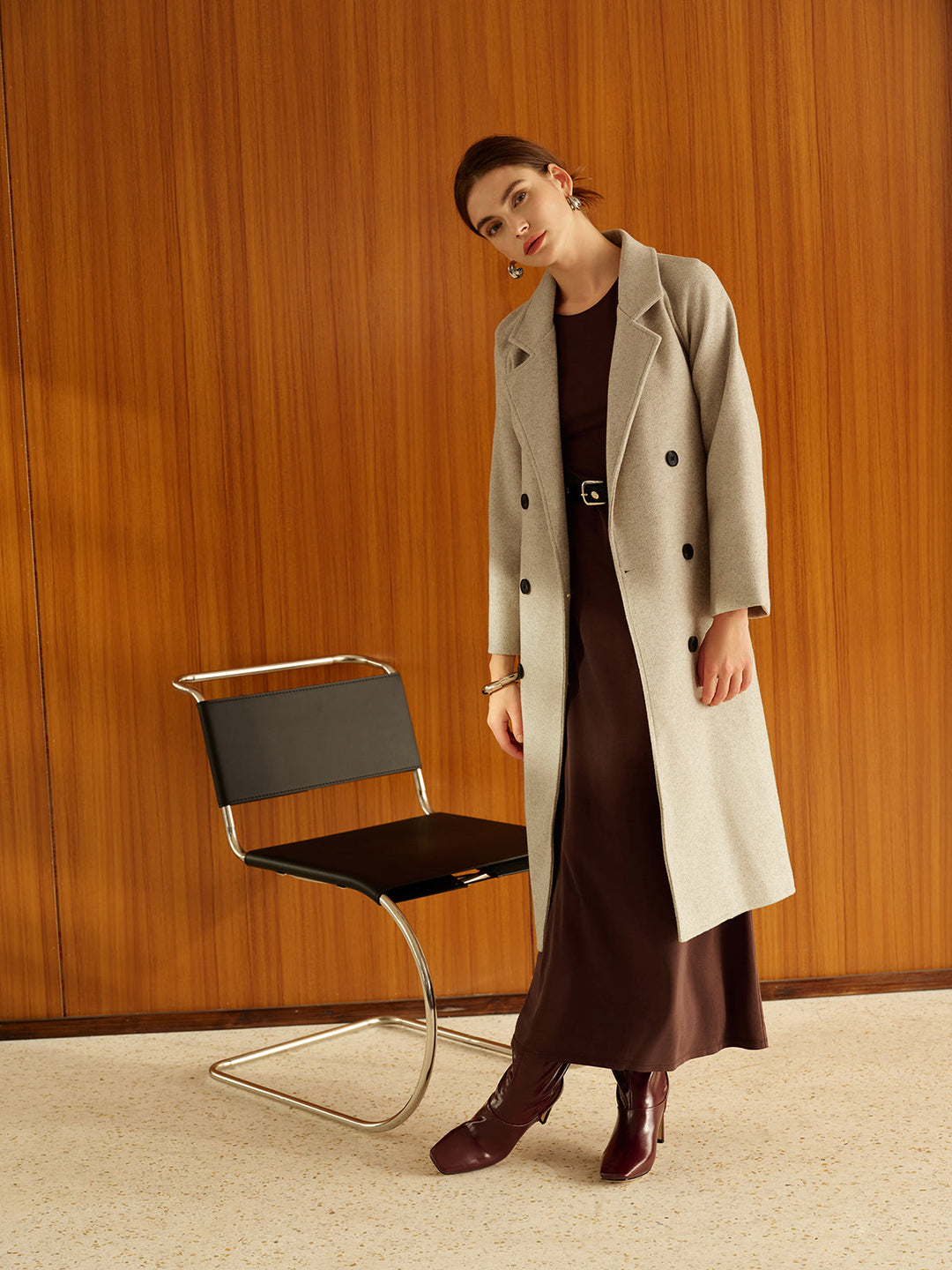 Manteau Long Beige | Double Boutonnage | Élégance en Laine
