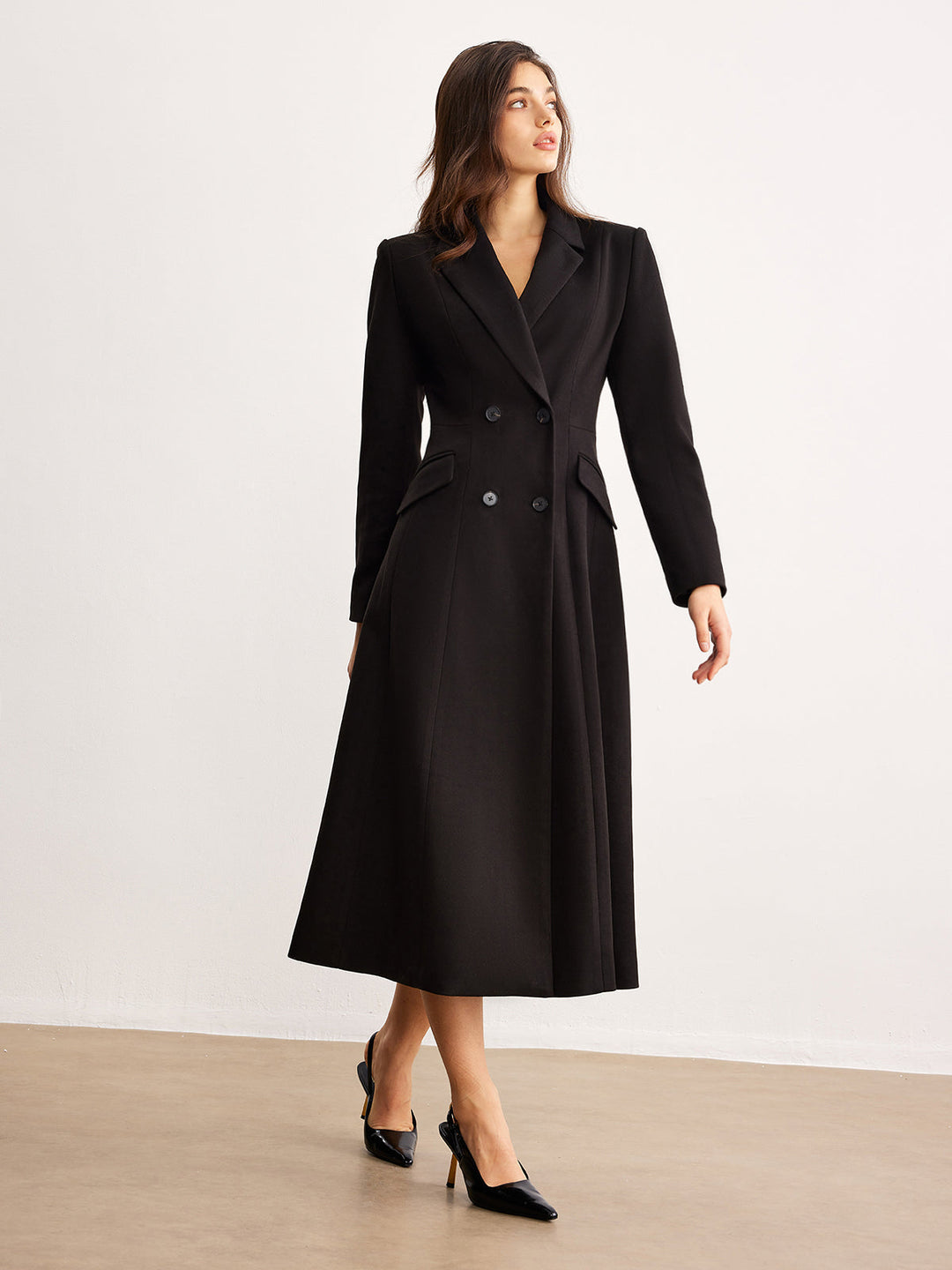 Manteau Long Noir | Double Boutonnage | Élégance Intemporelle
