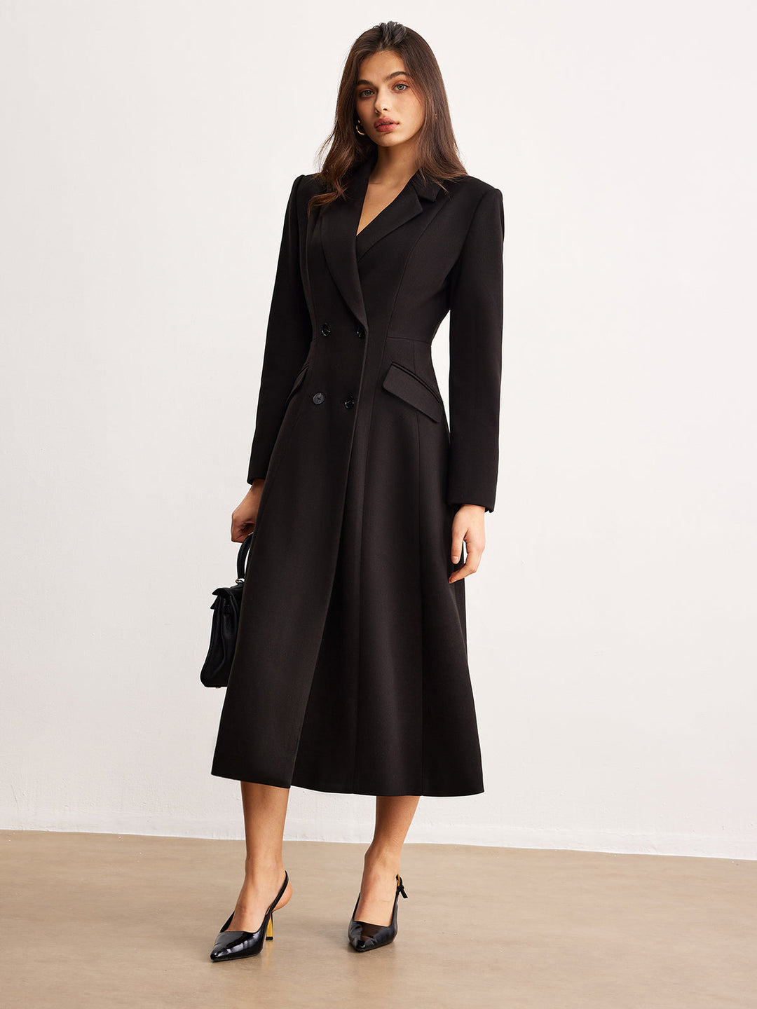 Manteau Long Noir | Double Boutonnage | Élégance Intemporelle