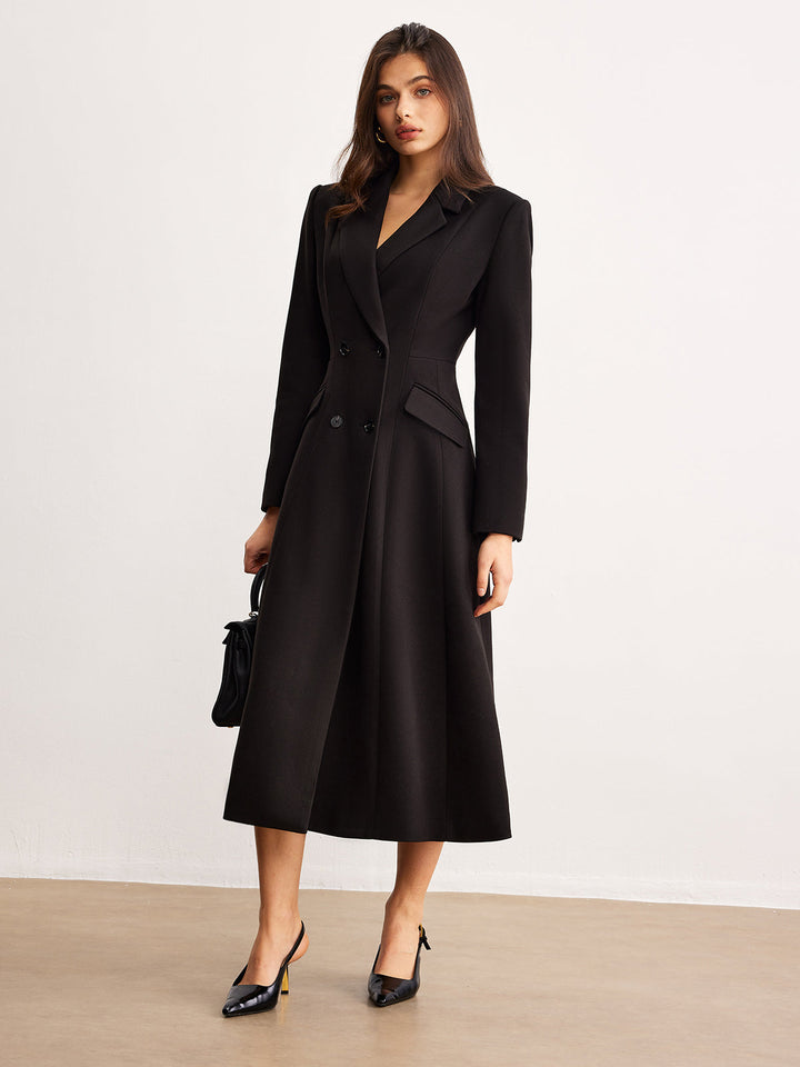 Manteau Long Noir | Double Boutonnage | Élégance Intemporelle