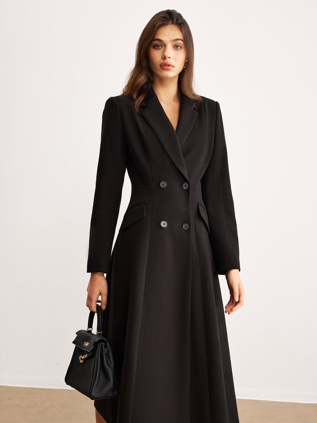Manteau Long Noir | Double Boutonnage | Élégance Intemporelle