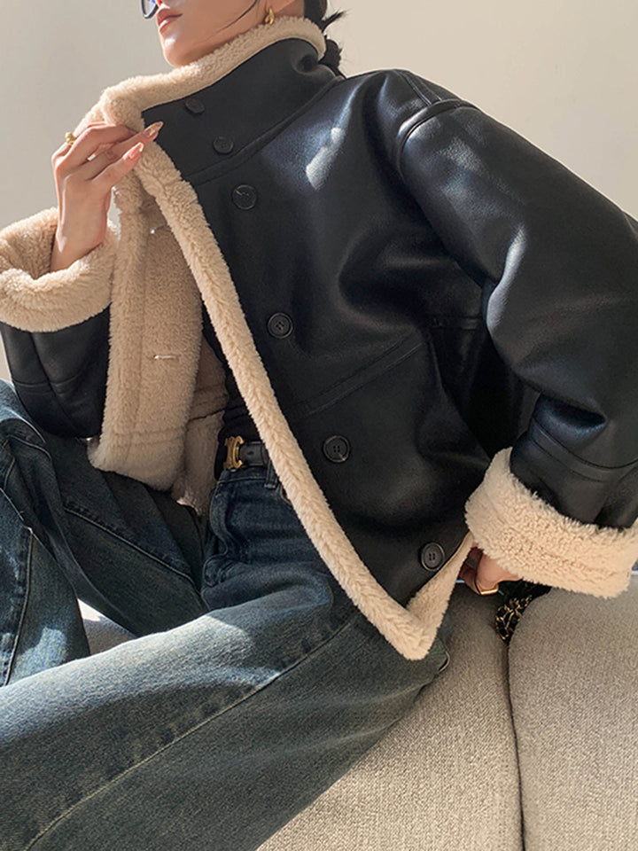 Veste Aviateur Oversize | Simili Cuir Noir | Doublure Fausse Fourrure