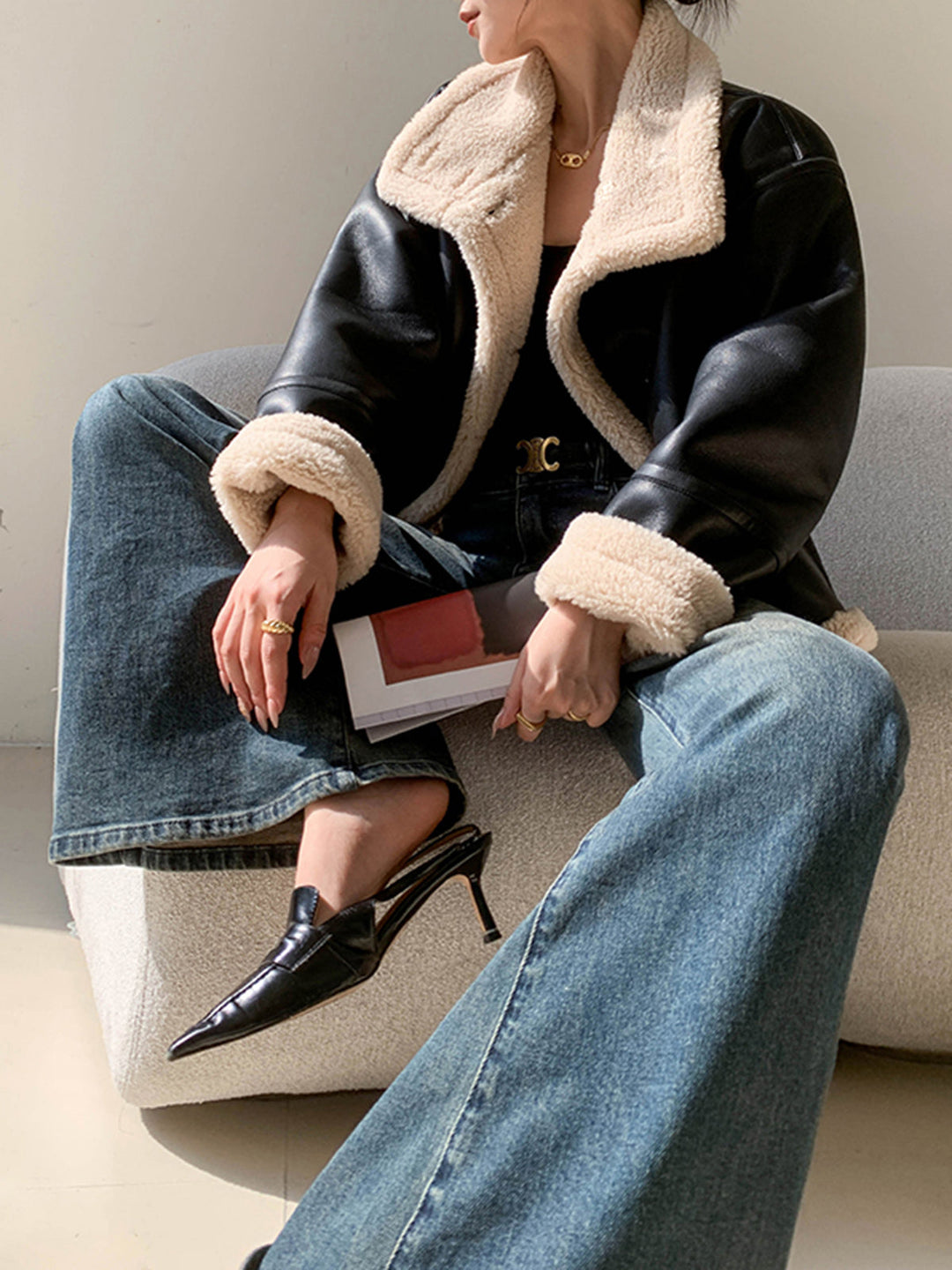 Veste Aviateur Oversize | Simili Cuir Noir | Doublure Fausse Fourrure