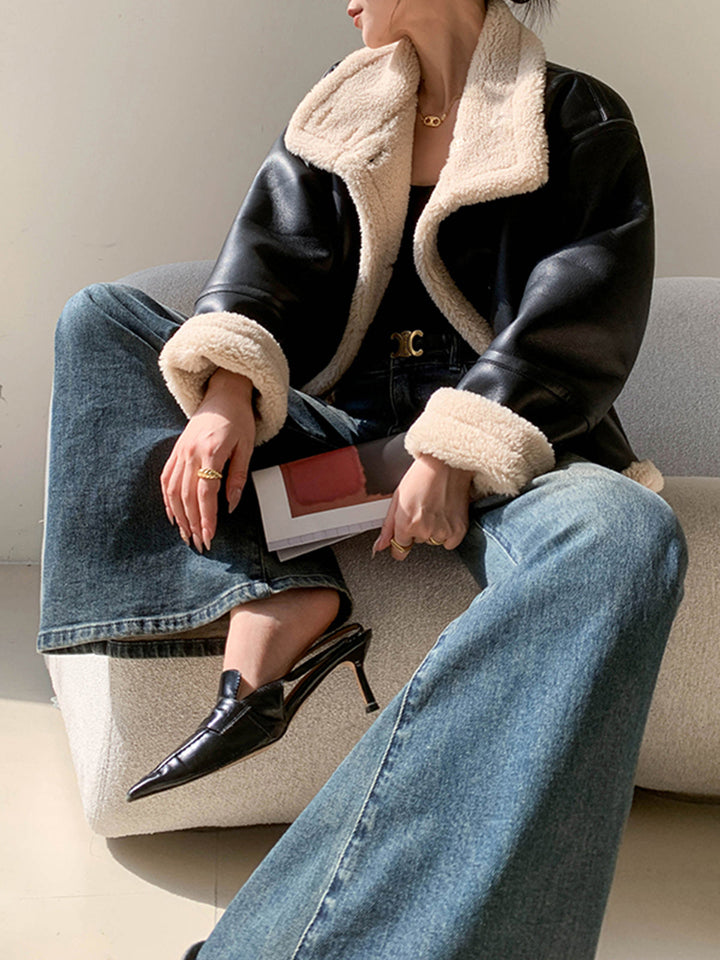 Veste Aviateur Oversize | Simili Cuir Noir | Doublure Fausse Fourrure