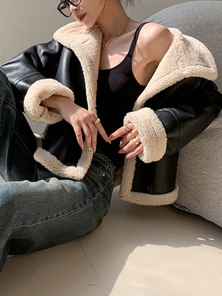 Veste Aviateur Oversize | Simili Cuir Noir | Doublure Fausse Fourrure