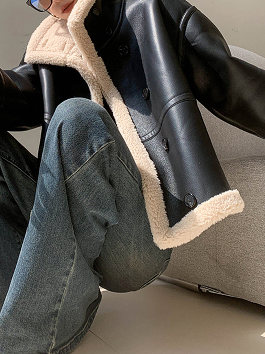 Veste Aviateur Oversize | Simili Cuir Noir | Doublure Fausse Fourrure