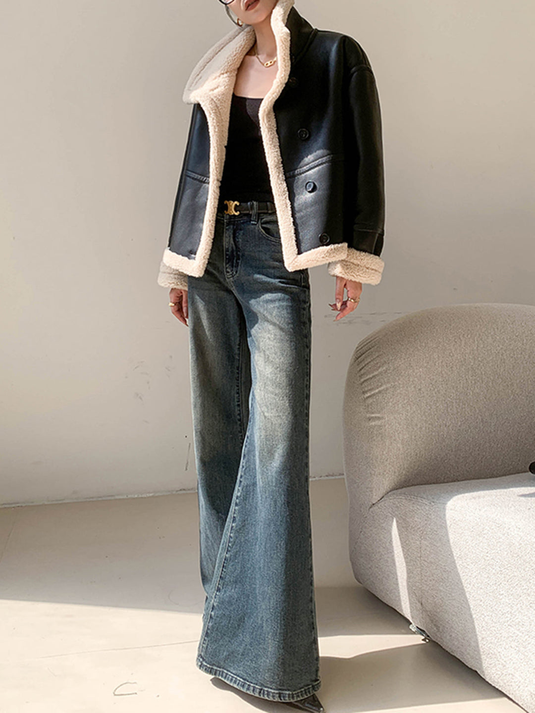 Veste Aviateur Oversize | Simili Cuir Noir | Doublure Fausse Fourrure