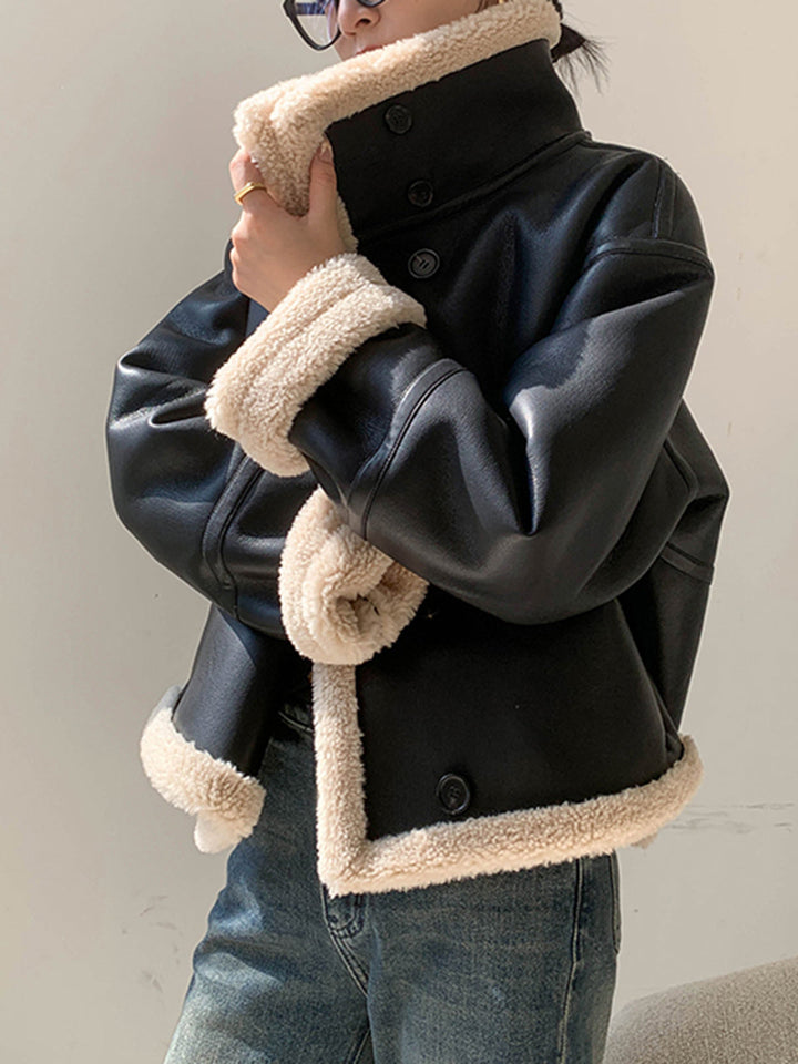 Veste Aviateur Oversize | Simili Cuir Noir | Doublure Fausse Fourrure