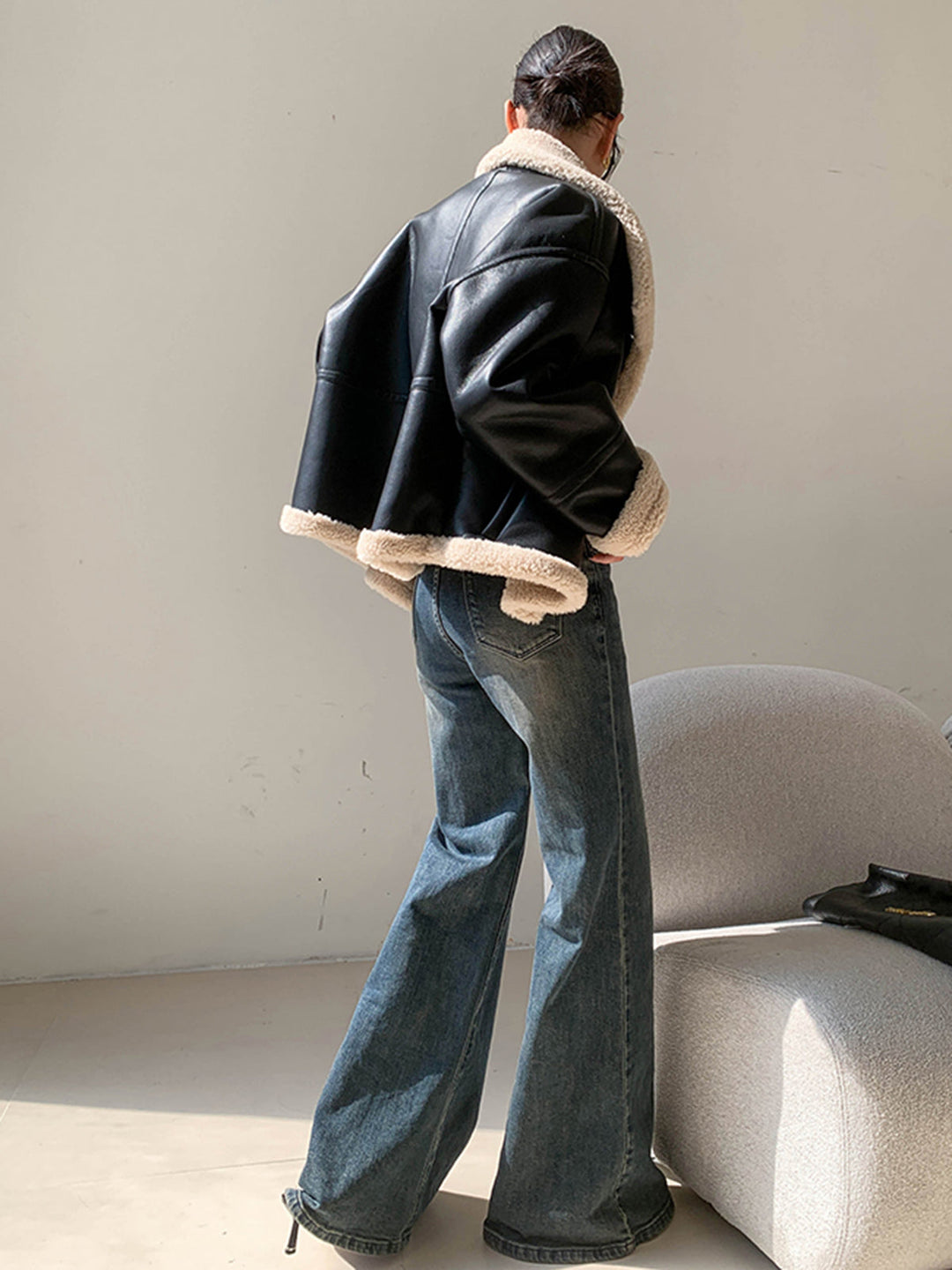 Veste Aviateur Oversize | Simili Cuir Noir | Doublure Fausse Fourrure