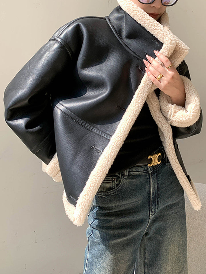 Veste Aviateur Oversize | Simili Cuir Noir | Doublure Fausse Fourrure