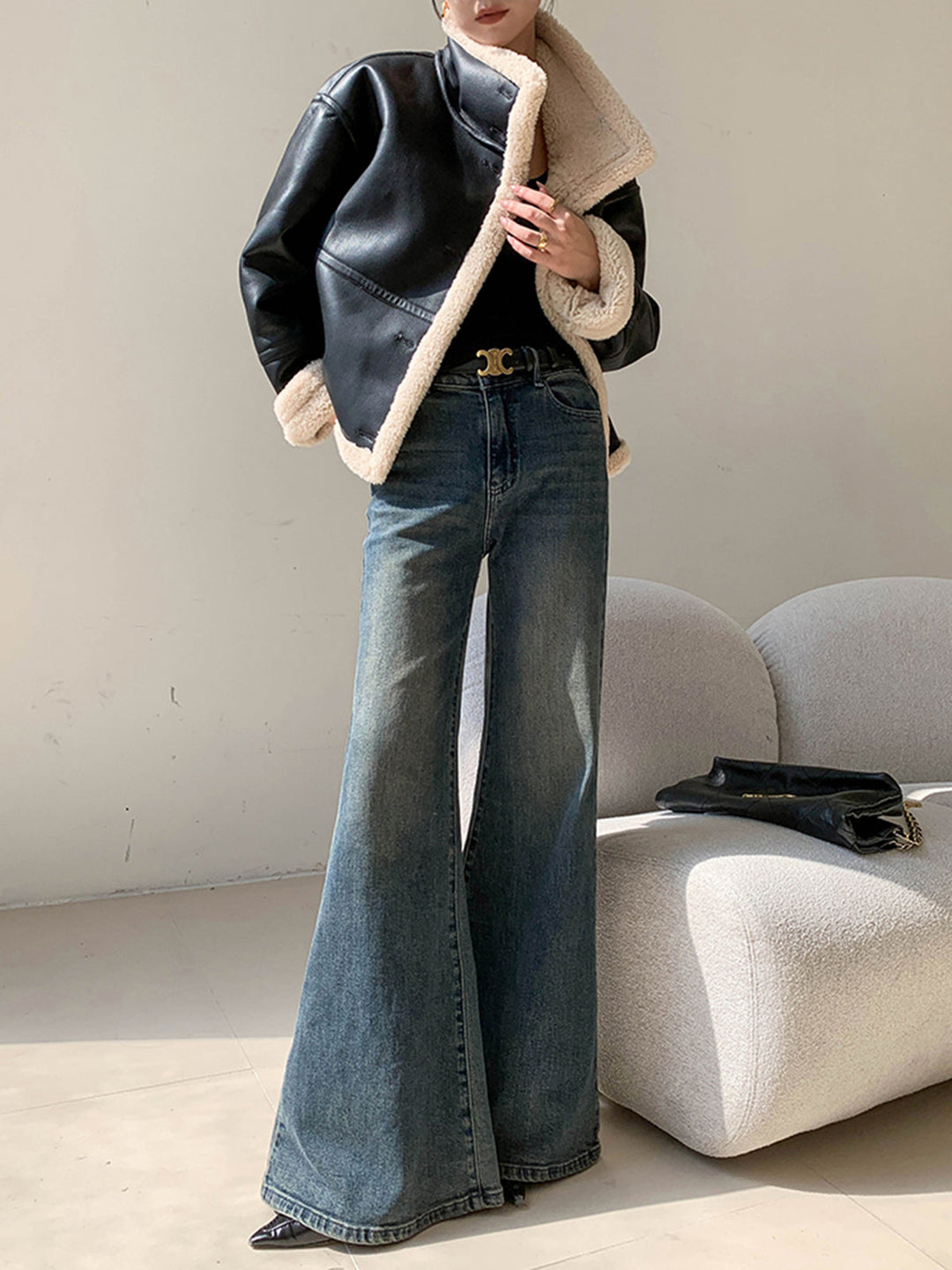Veste Aviateur Oversize | Simili Cuir Noir | Doublure Fausse Fourrure