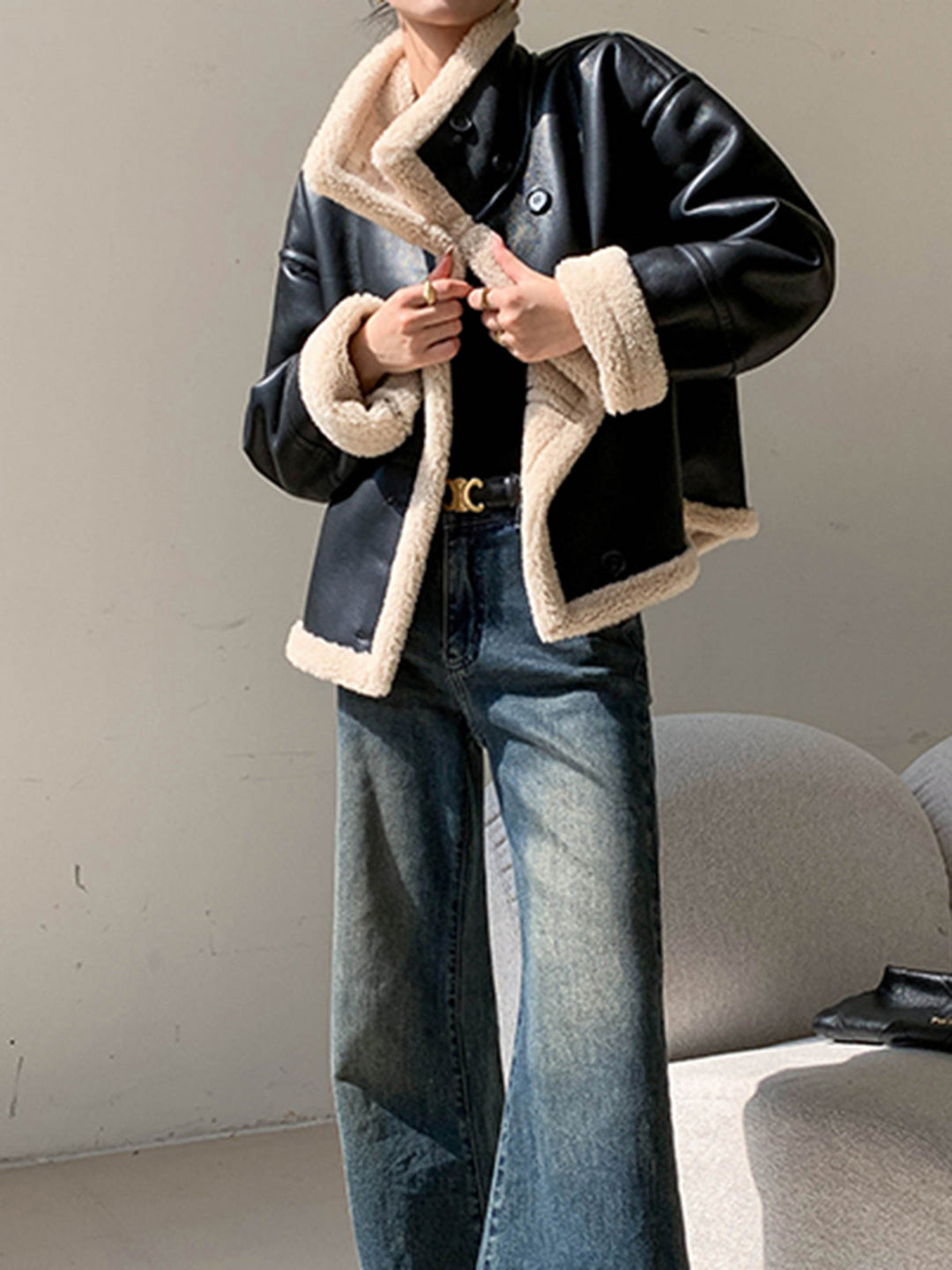 Veste Aviateur Oversize | Simili Cuir Noir | Doublure Fausse Fourrure