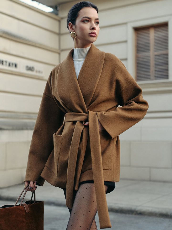 Manteau Ceinturé Brun | Laine Mélangée | Élégance Minimaliste