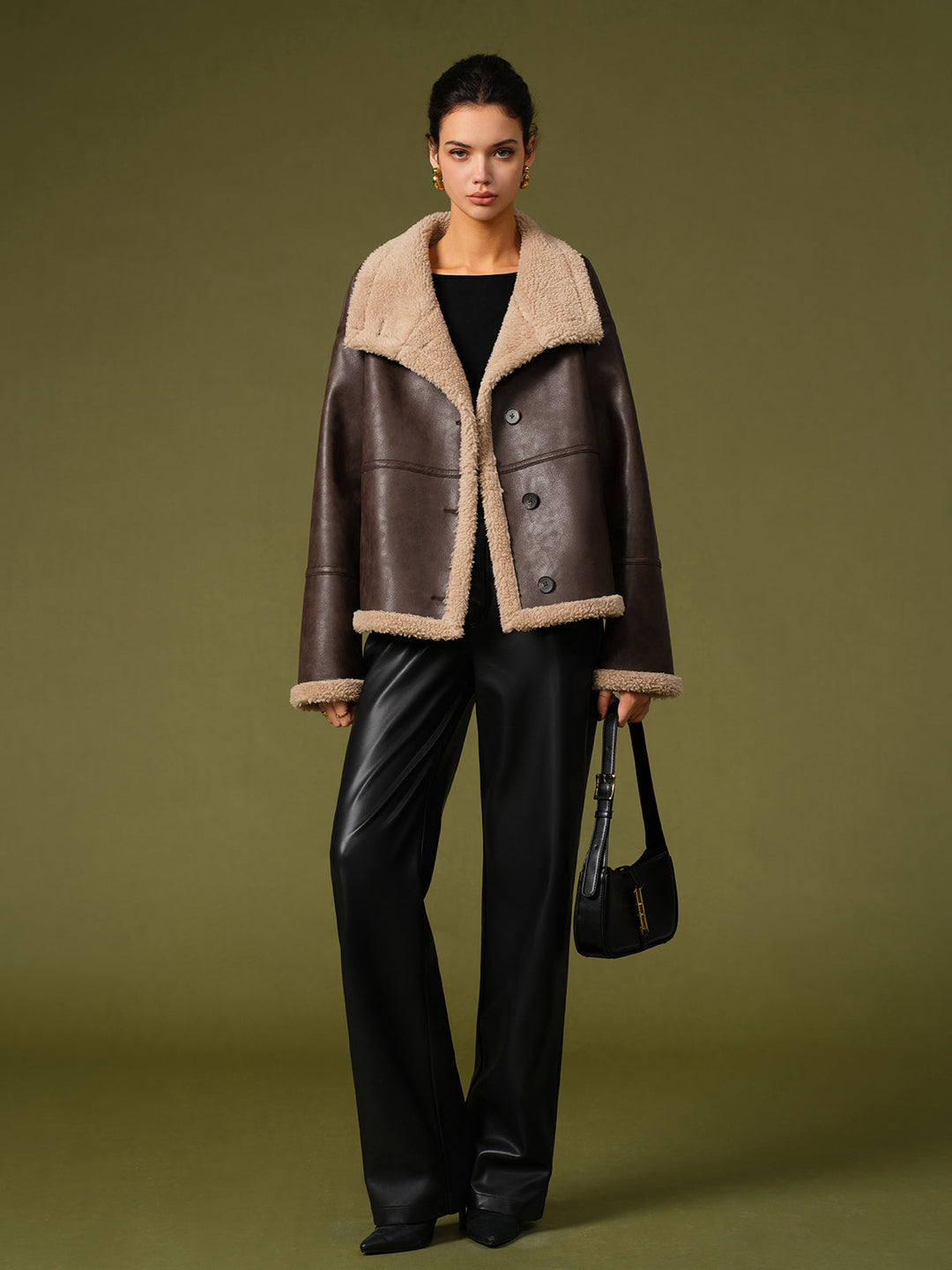 Veste Aviateur en Cuir | Marron avec Fausse Fourrure | Style Oversize