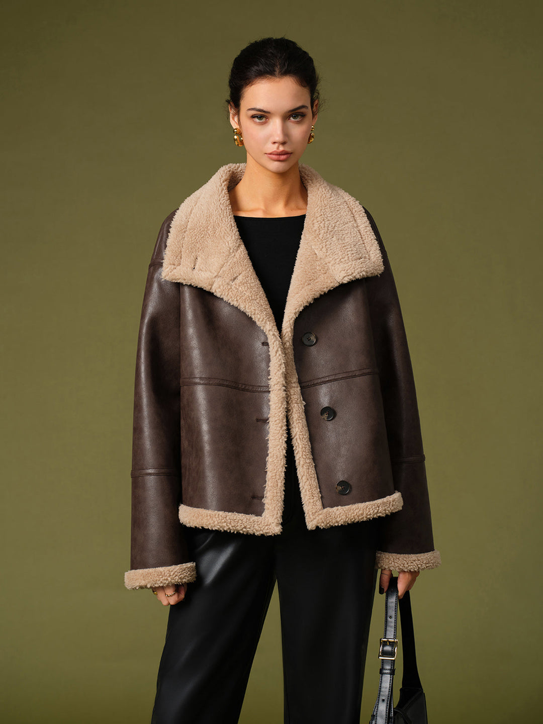 Veste Aviateur en Cuir | Marron avec Fausse Fourrure | Style Oversize