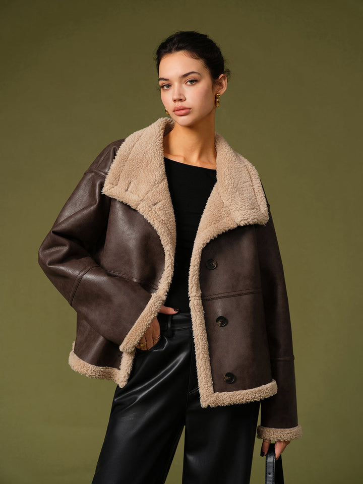 Veste Aviateur en Cuir | Marron avec Fausse Fourrure | Style Oversize