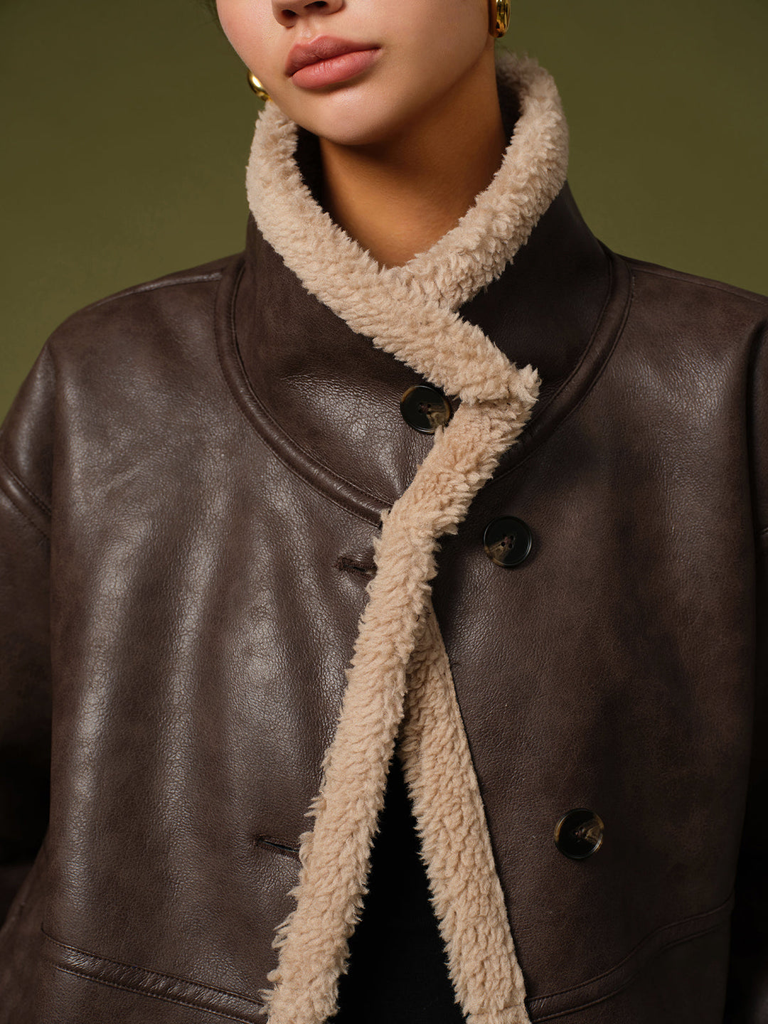 Veste Aviateur en Cuir | Marron avec Fausse Fourrure | Style Oversize
