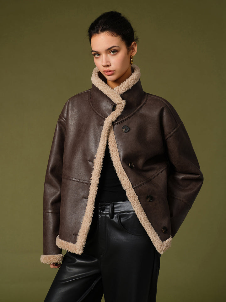 Veste Aviateur en Cuir | Marron avec Fausse Fourrure | Style Oversize