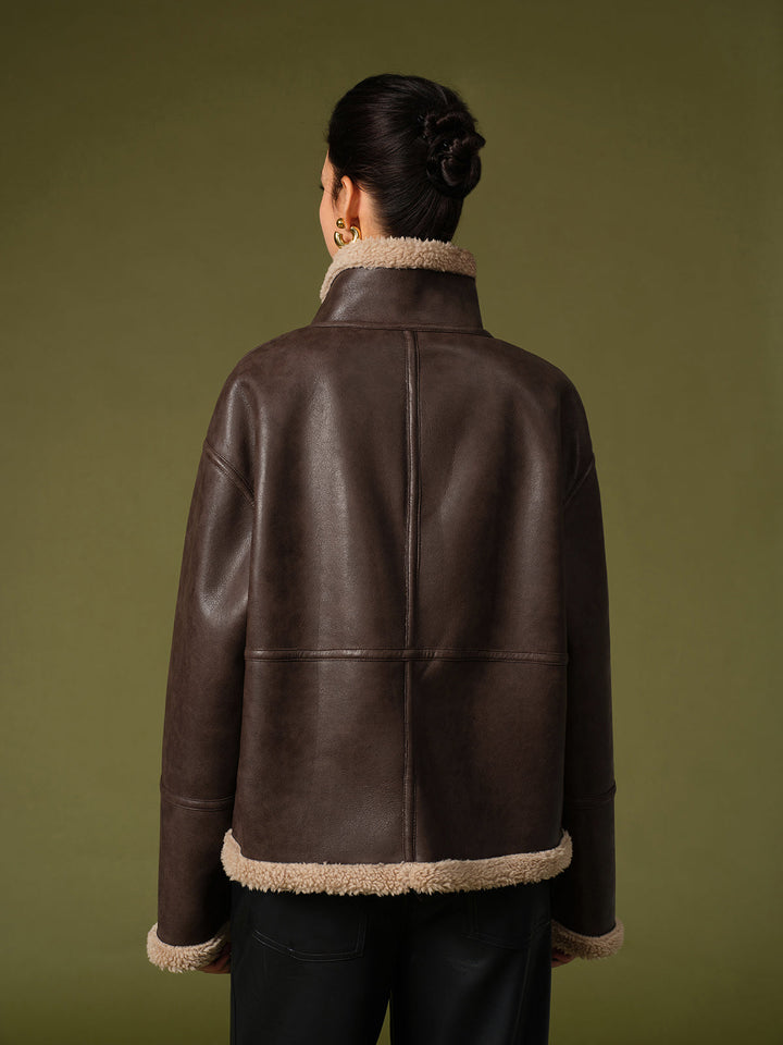Veste Aviateur en Cuir | Marron avec Fausse Fourrure | Style Oversize