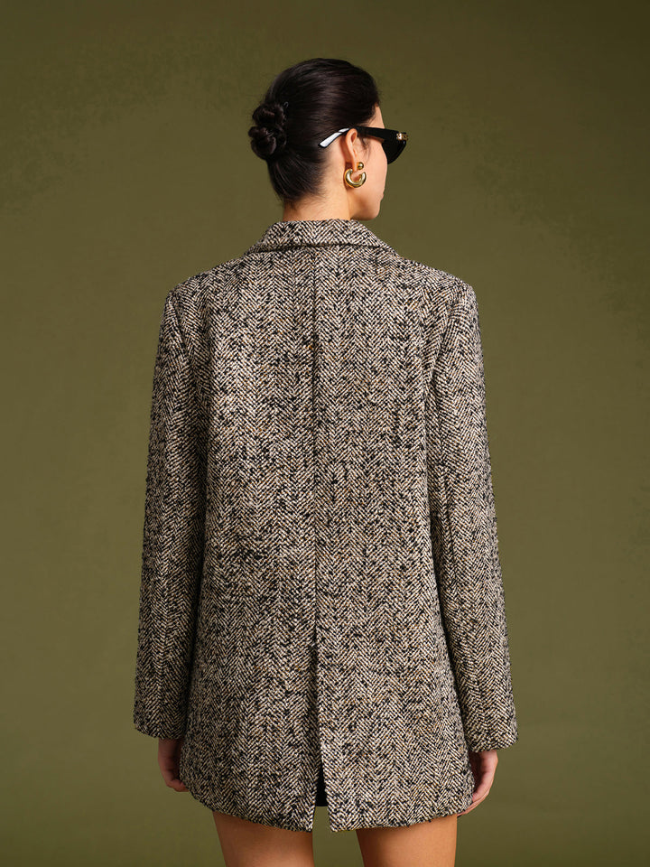 Blazer Tweed Ceinturé | Motif Classique | Élégance Structurée