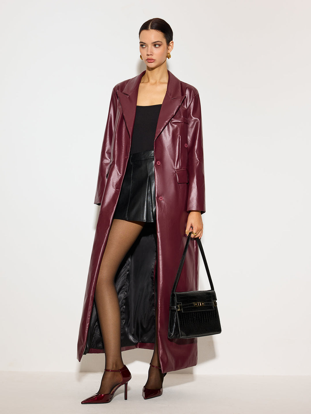 Manteau Long en Similicuir | Effet Vinyle | Glamour Moderne