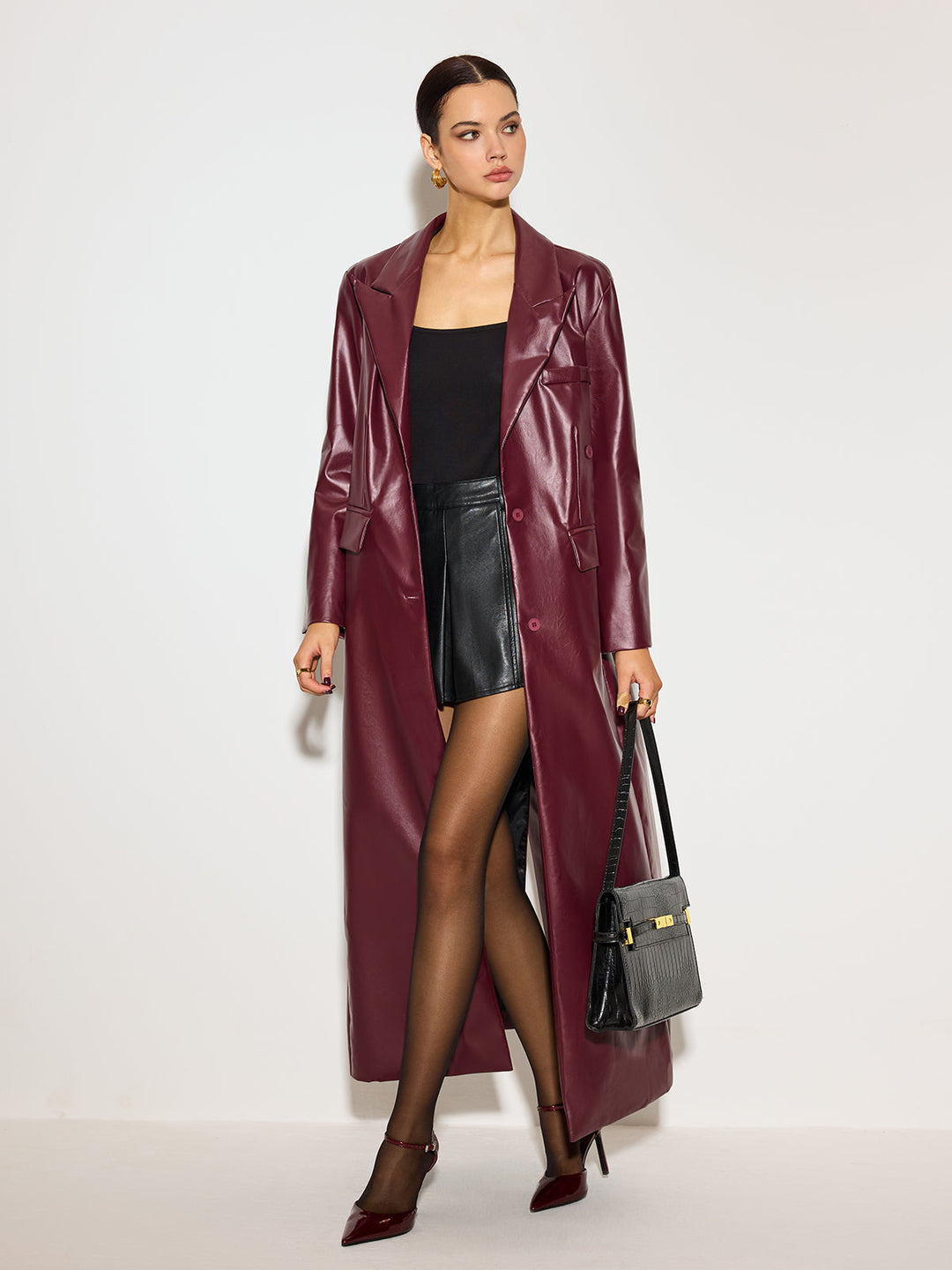 Manteau Long en Similicuir | Effet Vinyle | Glamour Moderne