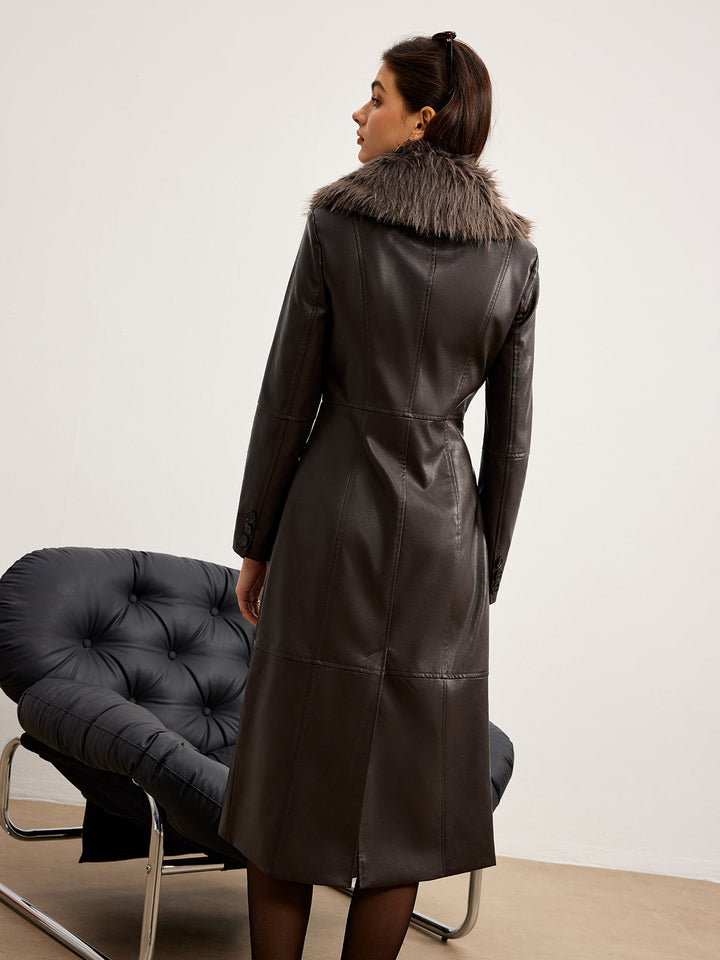Manteau Long en Similicuir Marron | Col Fausse Fourrure Gris | Élégance Hivernale