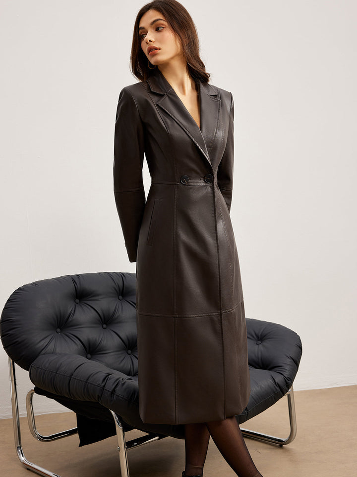Manteau Long en Similicuir Marron | Col Fausse Fourrure Gris | Élégance Hivernale