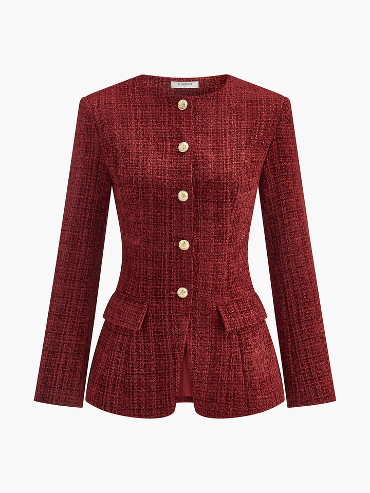 Blazer Rouge en Tweed | Boutons Dorés | Élégance Structurée