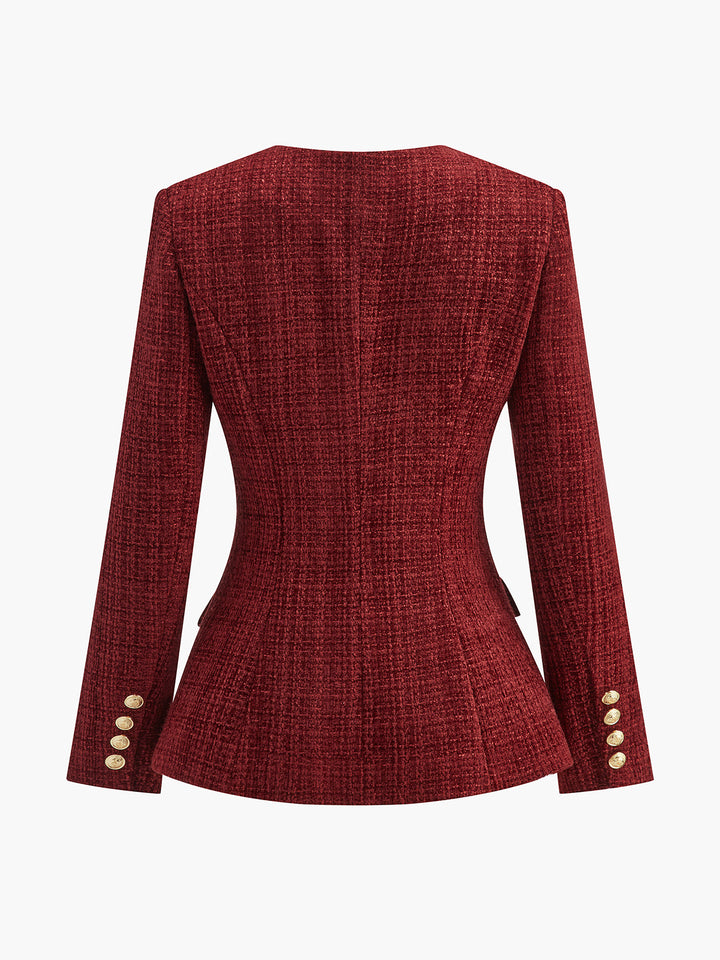 Blazer Rouge en Tweed | Boutons Dorés | Élégance Structurée