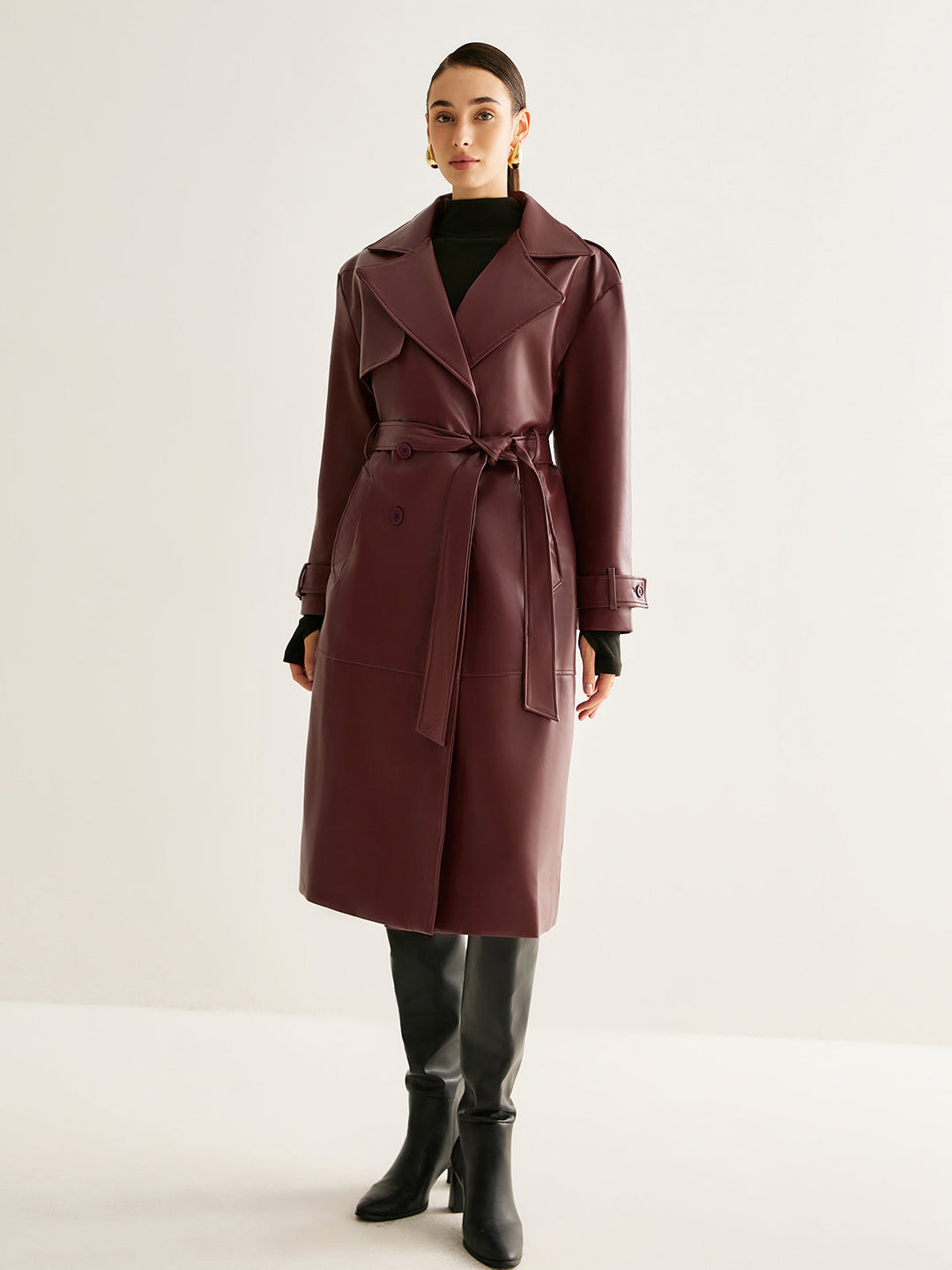 Trench Long Bordeaux | Similicuir Élégant | Ceinture Ajustable
